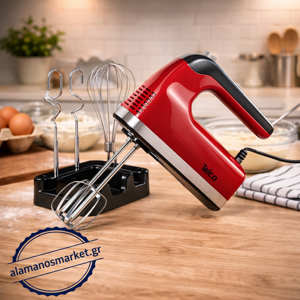 mixer-1 Μίξερ χειρός 350W με βαση και 3 ζεύγη αναδευτήρων TELCO HM-AC410 κόκκινο - Image 1